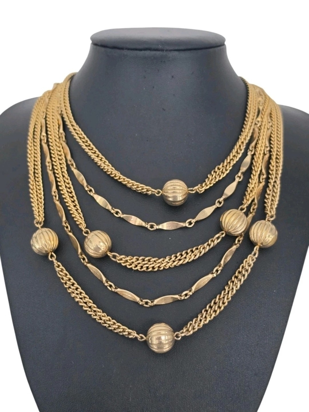 Vintage Signed Coro Goldtone Multi Strand Necklace Ribbed Bead Draped Chains 16"